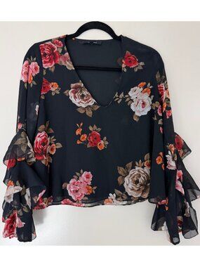 NWOT | Black Floral Blouse with Tiered Bell Sleeves
